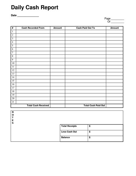 Cash Sheet Template