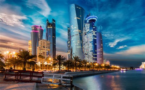 Download Wallpapers Doha 4k Nightscapes Embankment Skyscrapers