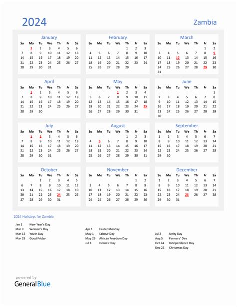 2024 Zambia Calendar With Holidays