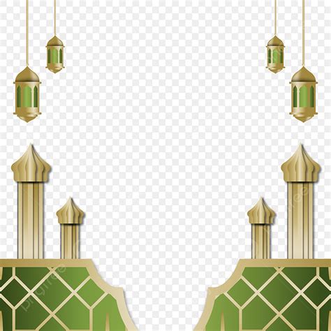 Gambar Dekorasi Bingkai Islami Hijau Dan Emas Dengan Lentera Gantung