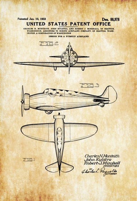 1933 Boeing Patent Vintage Aviation Art Airplane Blueprint Pilot
