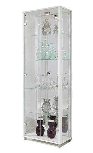 Home White Double Glass Display Cabinet With 7 Glass Shelves Mirror Back Spotlight Search