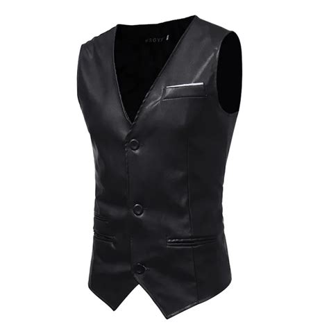 Fashion Black Pu Leather Suit Vest Men Night Club Wear Single