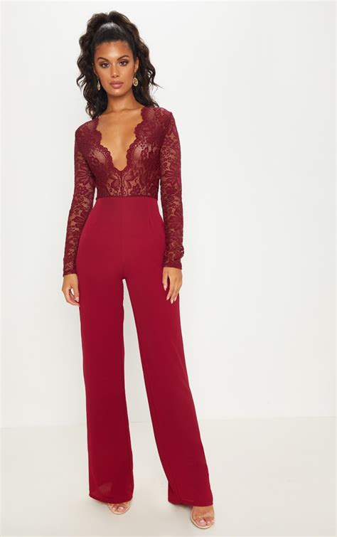 Burgundy Long Sleeve Plunge Jumpsuit Prettylittlething Ire