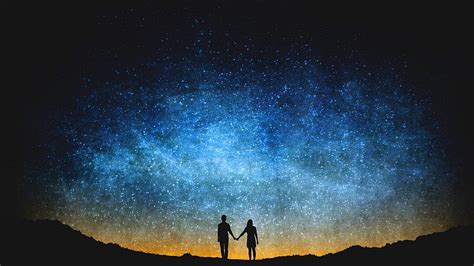 A Couple Holds Hands Under A Star Spangled Sky Woman Night Blue
