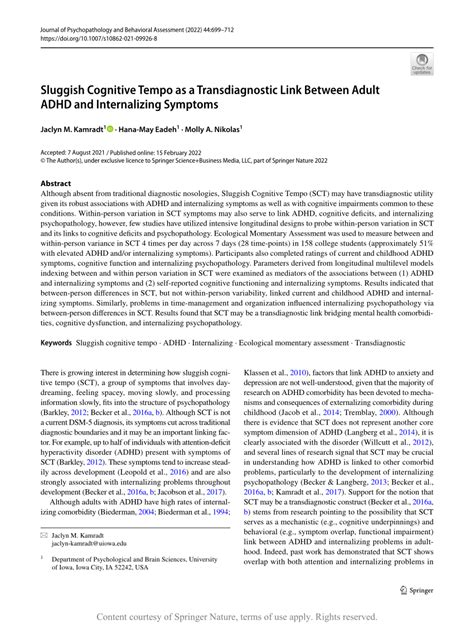 Sluggish Cognitive Tempo As A Transdiagnostic Link Between Adult Adhd