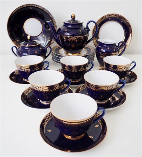 Lomonosov Imperial Porcelain Factory Cobalt Blue Golden Lotus Tea Set For 6 Gold