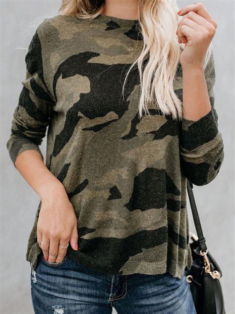 Women Casual Camouflage Print Long Sleeve T Shirts
