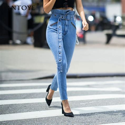 Fantoye Autumn Ruched High Waist Sashes Women Jean Pant Skinny Zipper Pockets Denim Pants