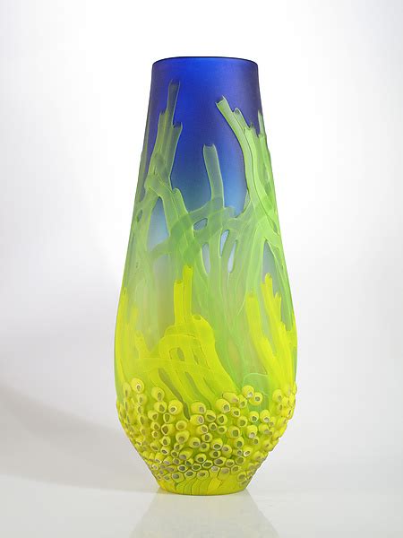 Blue Sea Fan Vase With Yellow Murrini By David Leppla Art Glass Vase