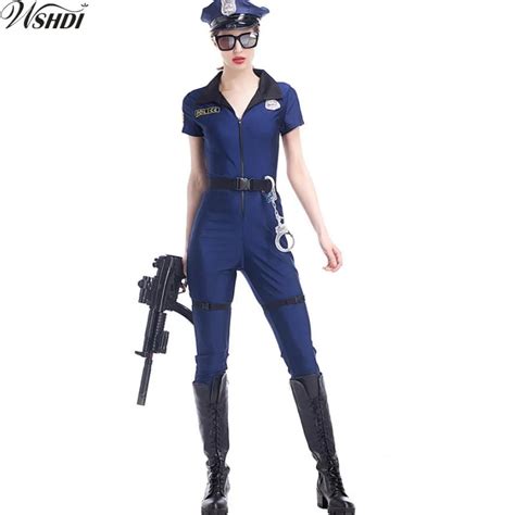 M Xl Female Police Costume Adult Halloween Cosplay Police Officer Uniform Sexy Deep V Neck Blue