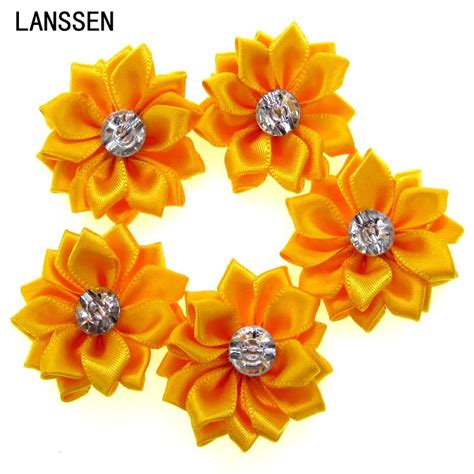 12pcs gold satin ribbon flowers with rhinestone multilayers fabric flowers appliques accessories