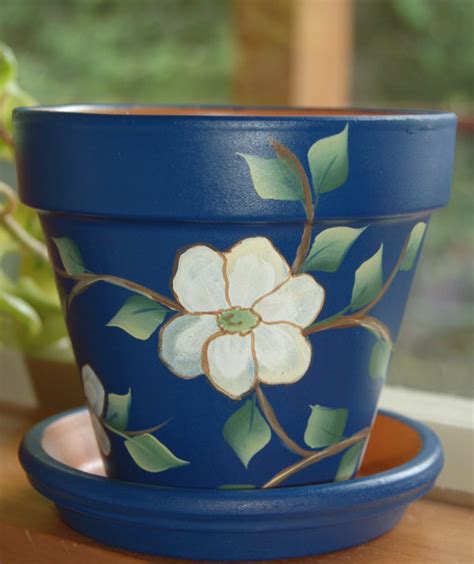 Hand Painted Clay Flower Pot Gentle White Dogwood Flowers And Branches