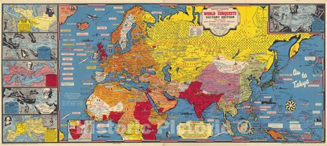 Historic Map Dated Events Map Of World Conquests 1945 Vintage Wall