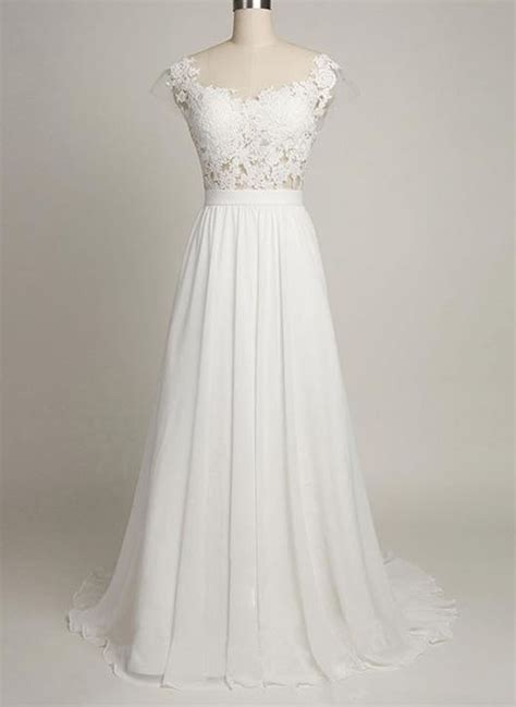 Chiffon Wedding Dress With Lacea Line Wedding Dresscap Sleeves Bridal
