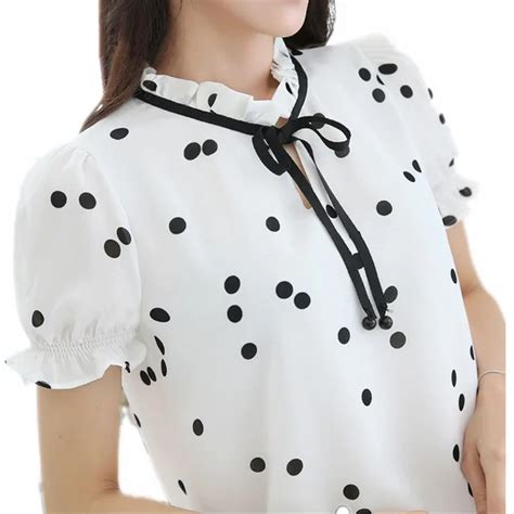 black white polka dot summer women tops ruffle bow collar chiffon blouse short sleeve female