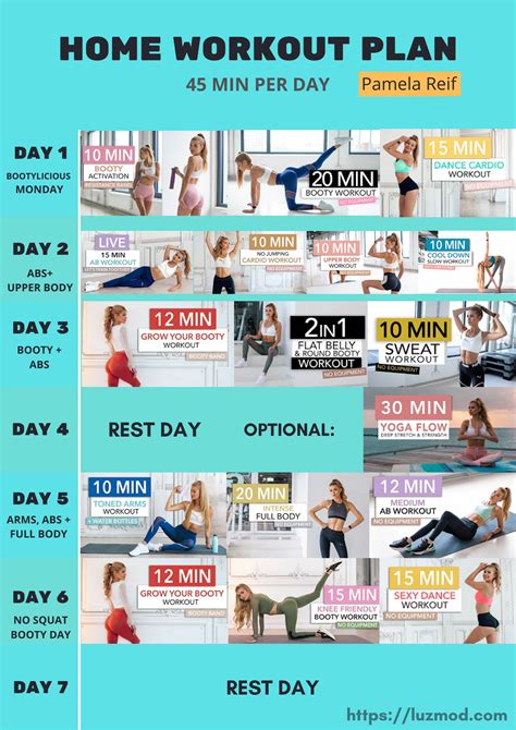 Do each workout once per week, ideally with a day of rest between each. Pamela Reif - weekly home workout plan №3