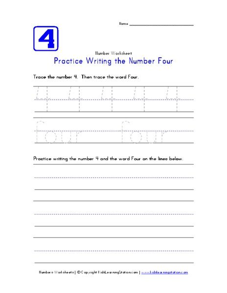 Practice Writing The Number Four Worksheet For Pre K 1st Grade