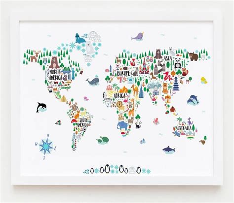 Printable World Map For Kids Nursery Wall Art Animal World Map Poster
