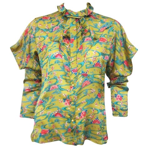Asian Inspired 1970s Emanuel Ungaro Silk Chartreuse Blouse At 1stdibs