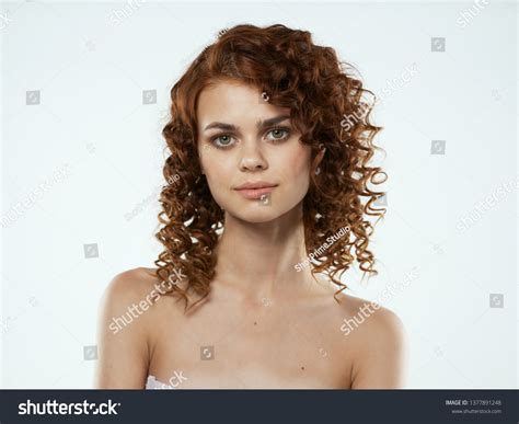 Nude Shoulders Curly Woman Delicate Makeup Stock Photo 1377891248
