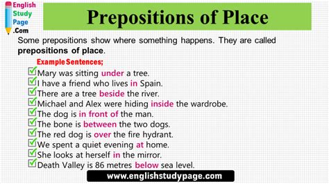 Prepositions Of Place 10 Example Sentences English Study Page