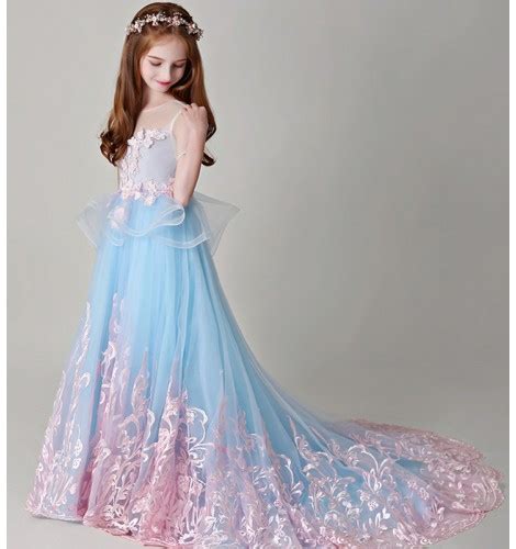 Childrens Light Blue Host Piano Show Catwalk Performance Dress Girls