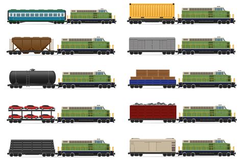 Set Icons Railway Train With Locomotive And Wagons Vector Illustration