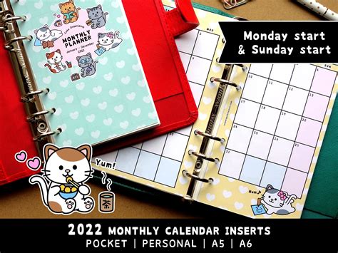 Printed Cute Cats 2022 Month On 2 Pages Monthly Calendar Etsy