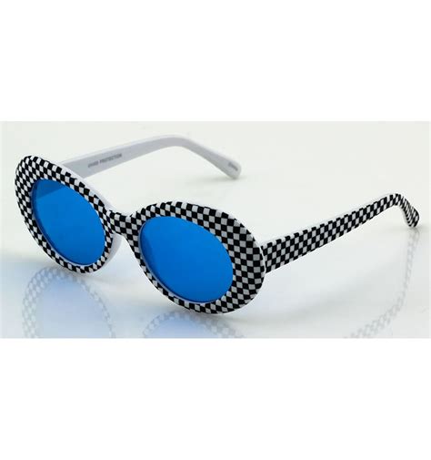 bold retro oval mod thick frame sunglasses clout goggles with round lens checkered blue lens