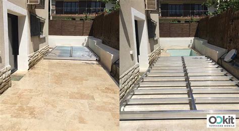 La terrasse mobile est montée en une ou plusieurs parties sur une structure en aluminium inoxydable sur lequel est posé un plancher en lames de chanvre spécialement étudié pour résister aux uv et aux intempéries. Ookit : une structure aluminium pour recouvrir et ...