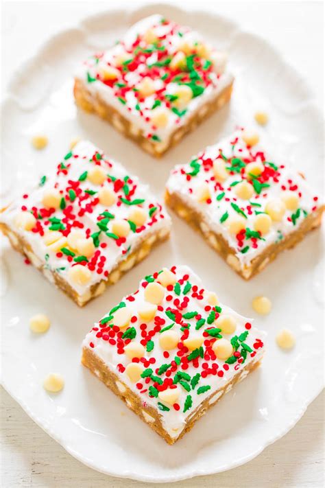 Stick to all vanilla, all almond, add in a little lemon. Holiday Frosted White Chocolate Blondies - Averie Cooks