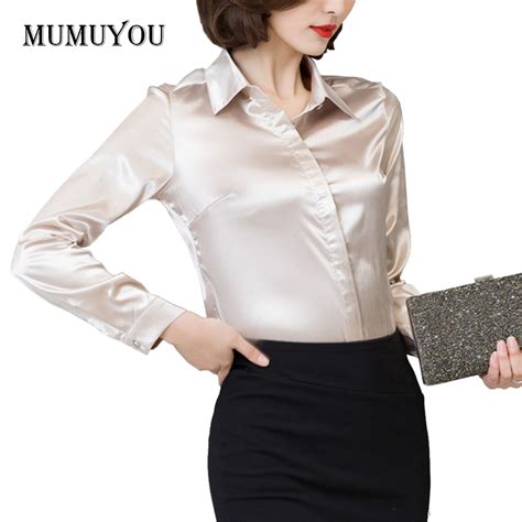 women simulate silk satin shirt long sleeve business formal shiny blouse tops elegant