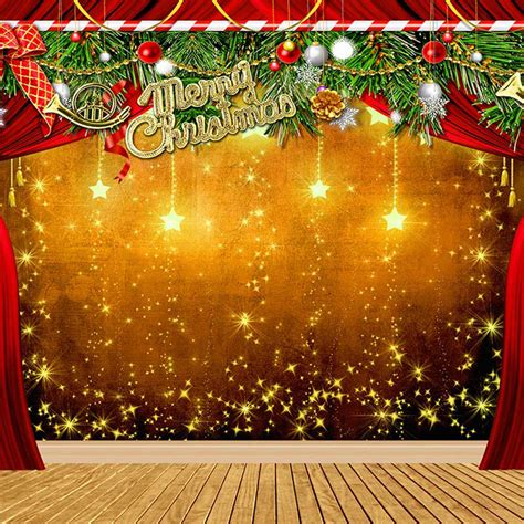 Merry Christmas Backdrop Wooden Floor Printed Glitter Stars Balls Green
