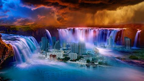 Download Wallpaper 1920x1080 Waterfall City Fantasy