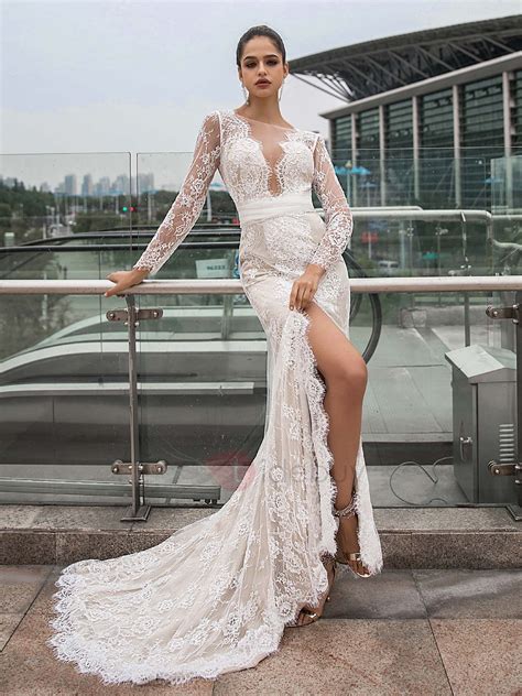 Explore stunning and affordable wedding dresses 2021. Sashes Split-Front Lace Long Sleeves Wedding Dress 2020 ...