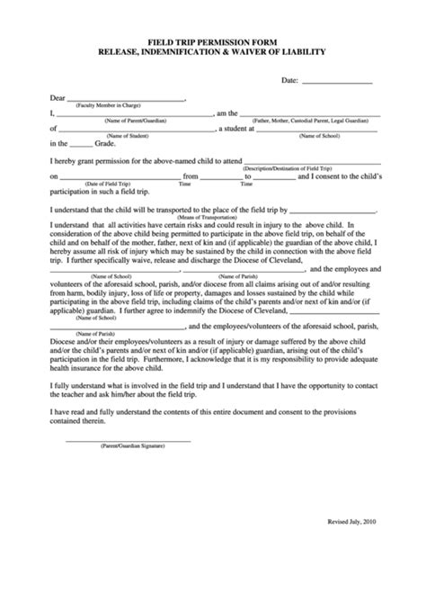 field trip permission form release indemnification