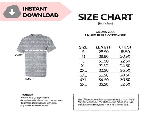 gildan 2000 unisex ultra cotton t shirt size chart printful printify tee size chart mockup