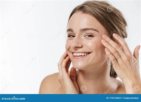 Beauty Portrait Of Young Half Naked Woman Smiling And Touching Her Face