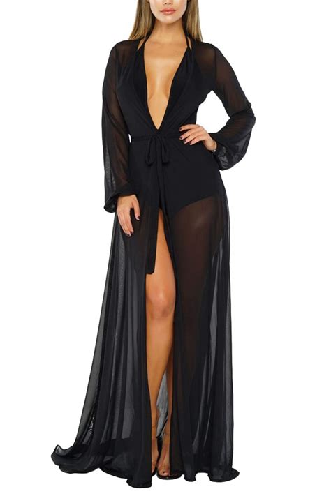 buy women s sexy thin mesh long sleeve tie front swimsuit swim beach maxi cover up dress online