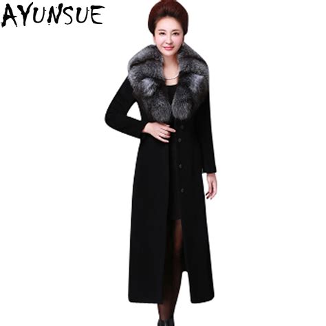 ayunsue autumn winter super warm women wool coat natural large fox fur collar cashmere long slim