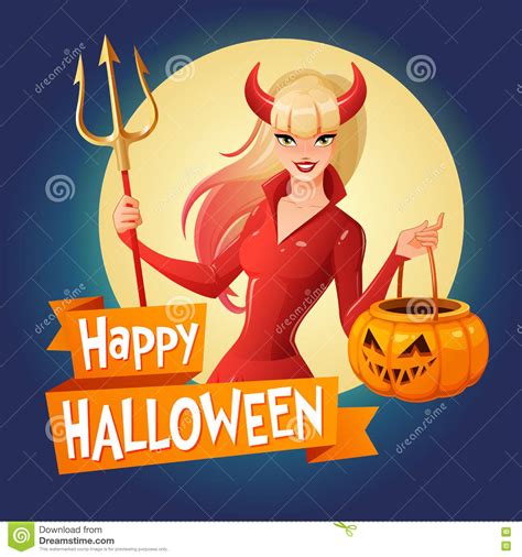 Halloween Vector Card Lady In Red Halloween Costume Of A Devil With Horns And Trident Holding