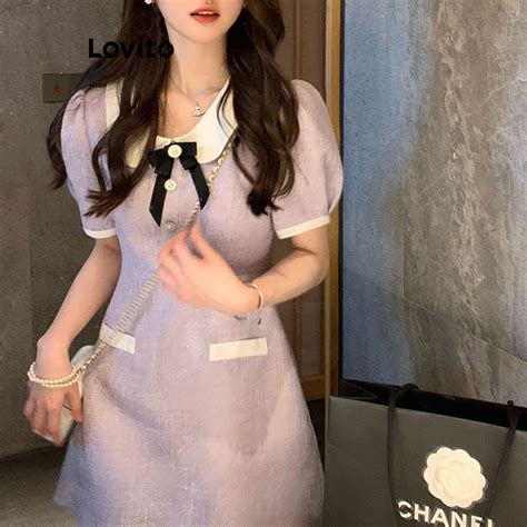 Lovito Casual Plain Fake Pocket Bow Contrast Collar Puff Sleeve Dress For Women LNA17158 Purple