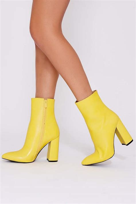 Yellow Faux Leather Heeled Ankle Boots In The Style