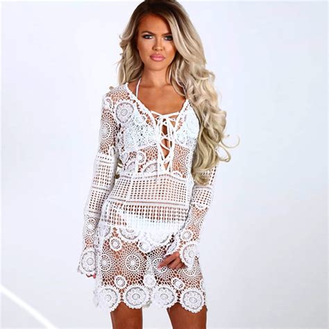 Hollow Dress Beach Cover Up Womens Long Sleeve Sexy See Through Beach Cover Up Bandage