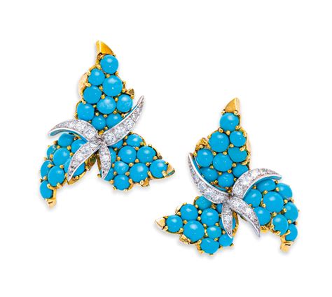 TURQUOISE AND DIAMOND BROOCH AND EARRING SET STERLÉ FOR CHAUMET