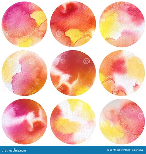Watercolor Circles Collection In Red And Yellow Colors Stock