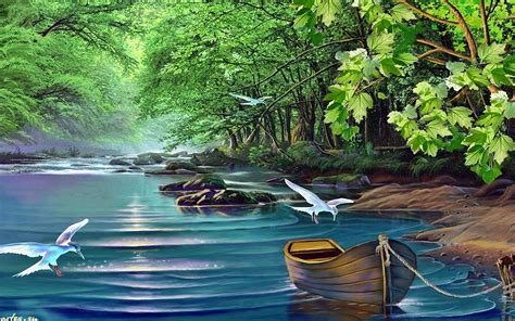 Beautiful Landscape River Green Trees Birds Boat 902384