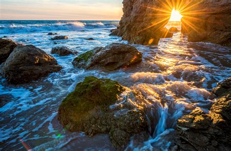 Usa Sea Stones Waves Rays Of Light Moss Crag Malibu Nature