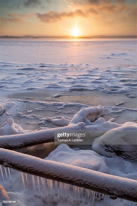 Sunrise At The Frozen And Snowy Lake Pyhäjärvi In Tampere